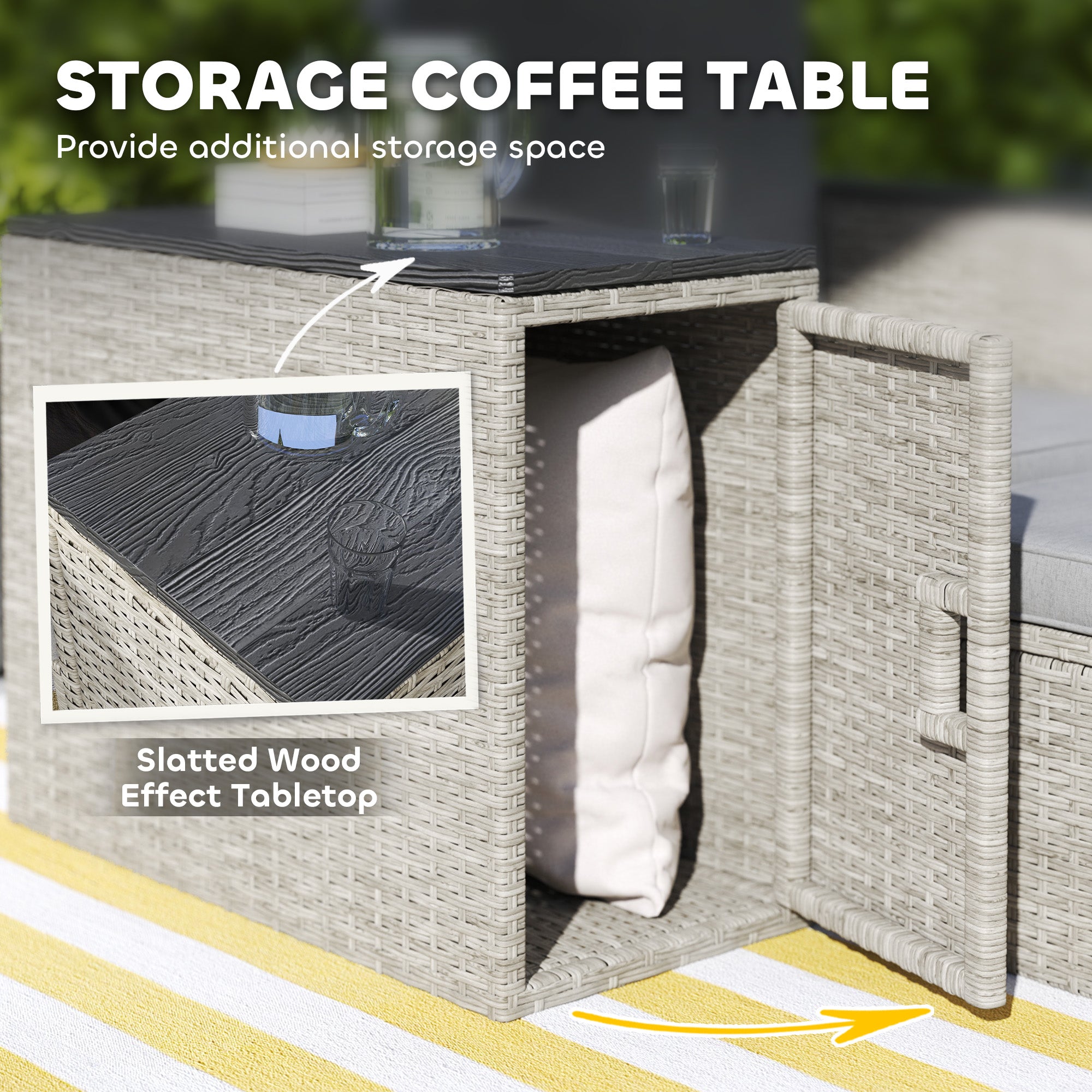 Outsunny 5 Piece Rattan Garden Furniture Set with Storage Table, Footstools, Cushions, Grey