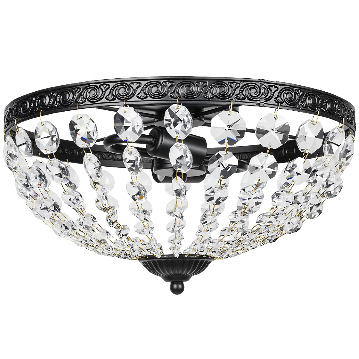 Crystal Chandelier Ceiling Light with 168 Octagonal Beads, Vintage 2-Light Flush Mount Ceiling Light for Living Room, Bedroom, Hallway, Dining Room, Black