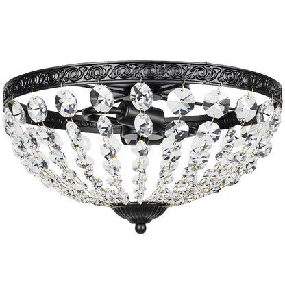Crystal Chandelier Ceiling Light with 168 Octagonal Beads, Vintage 2-Light Flush Mount Ceiling Light for Living Room, Bedroom, Hallway, Dining Room, Black