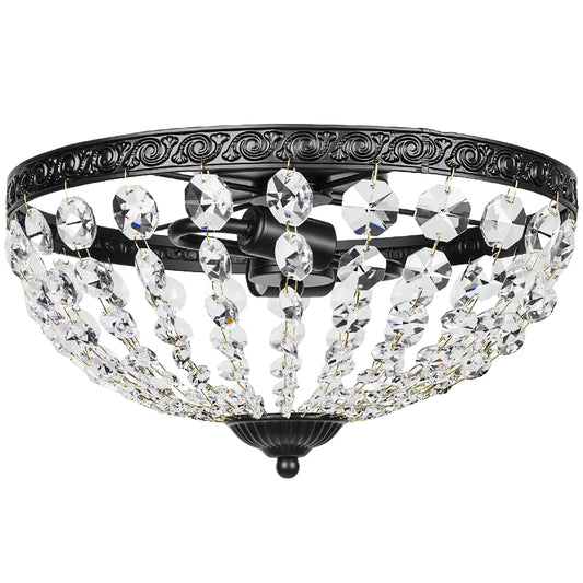 Crystal Chandelier Ceiling Light with 168 Octagonal Beads, Vintage 2-Light Flush Mount Ceiling Light for Living Room, Bedroom, Hallway, Dining Room, Black