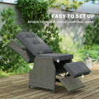 Outsunny Rattan Garden Recliner Chair, Reclining Garden Chair with Adjustable Back and Footrest, Flip Table, Cushion, Dark Grey