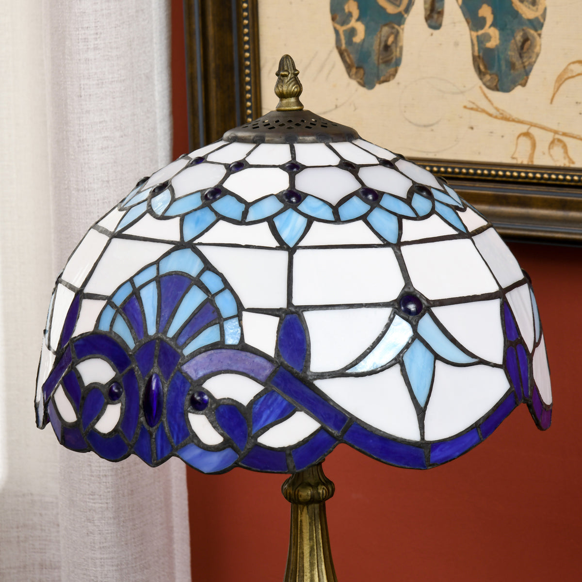 Tiffany Stained Glass Table Lamp, Handmade Antique Bedside Lamp for Bedroom, Living room, Home, Nightstand, Decorative Night Light, Blue