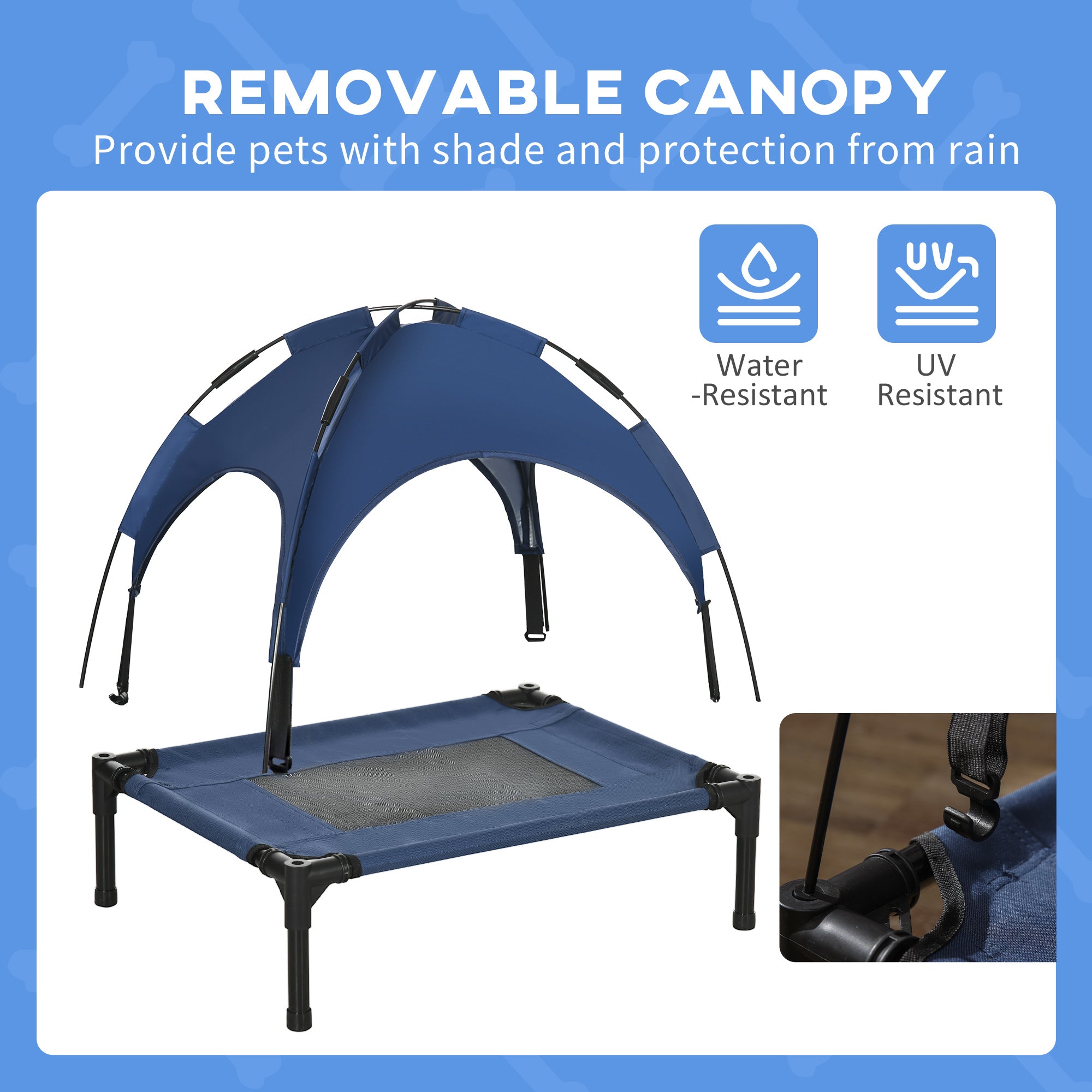 PawHut Outdoor Dog Bed with Removable Canopy, Portable Raised Dog Bed for Camping, Garden & Beach, Water-Resistant UV-Protection Mesh Pet Cot Sun Lounger, for Small Pets, 61 x 46 x 62 cm, Dark Blue