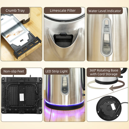 Kettle and Toaster Set, 1.7L 3000W Rapid Boil Jug Kettle with Otter Thermostat, Limescale Filter, 4 Slice Toaster with 7 Browning Controls, Crumb Tray, LED Strip, Silver Tone