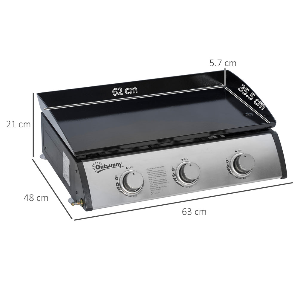 Outsunny Gas Plancha Barbecue Grill with 3 Stainless Steel Burner, 7.5kW, Portable Tabletop Gas BBQ with Non-Stick Griddle for Camping Picnic Garden Party Festival