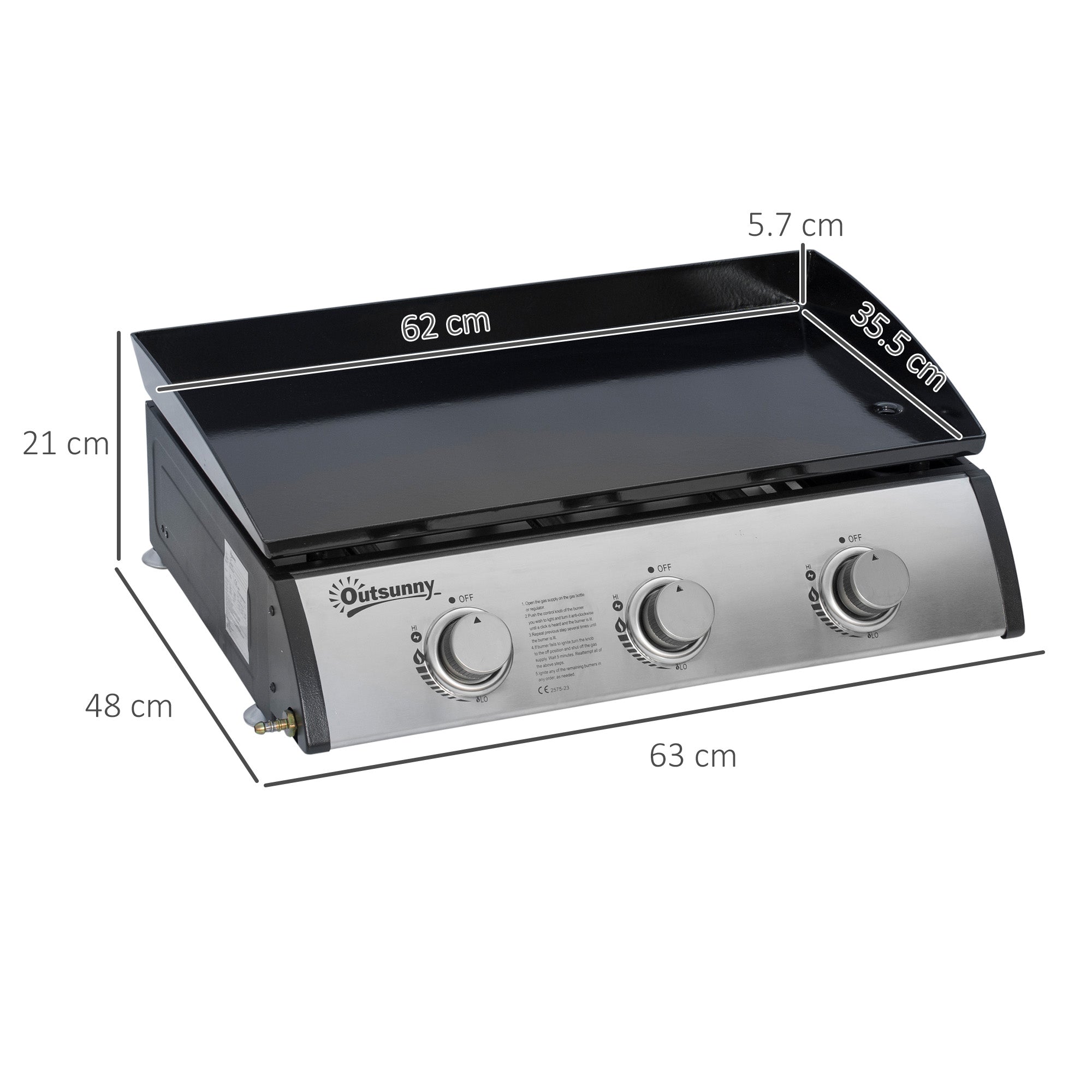 Outsunny Gas Plancha Barbecue Grill with 3 Stainless Steel Burner, 7.5kW, Portable Tabletop Gas BBQ with Non-Stick Griddle for Camping Picnic Garden Party Festival
