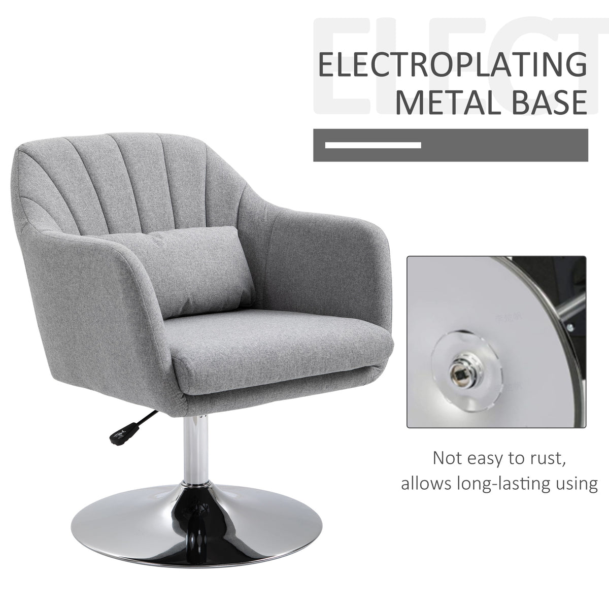 Swivel Accent Chair, Linen Fabric Tub Vanity Chair, Modern Armchair with Adjustable Height and Lumbar Support for Living Room Bedroom Salon Make up Room Dressing Table, Light Grey