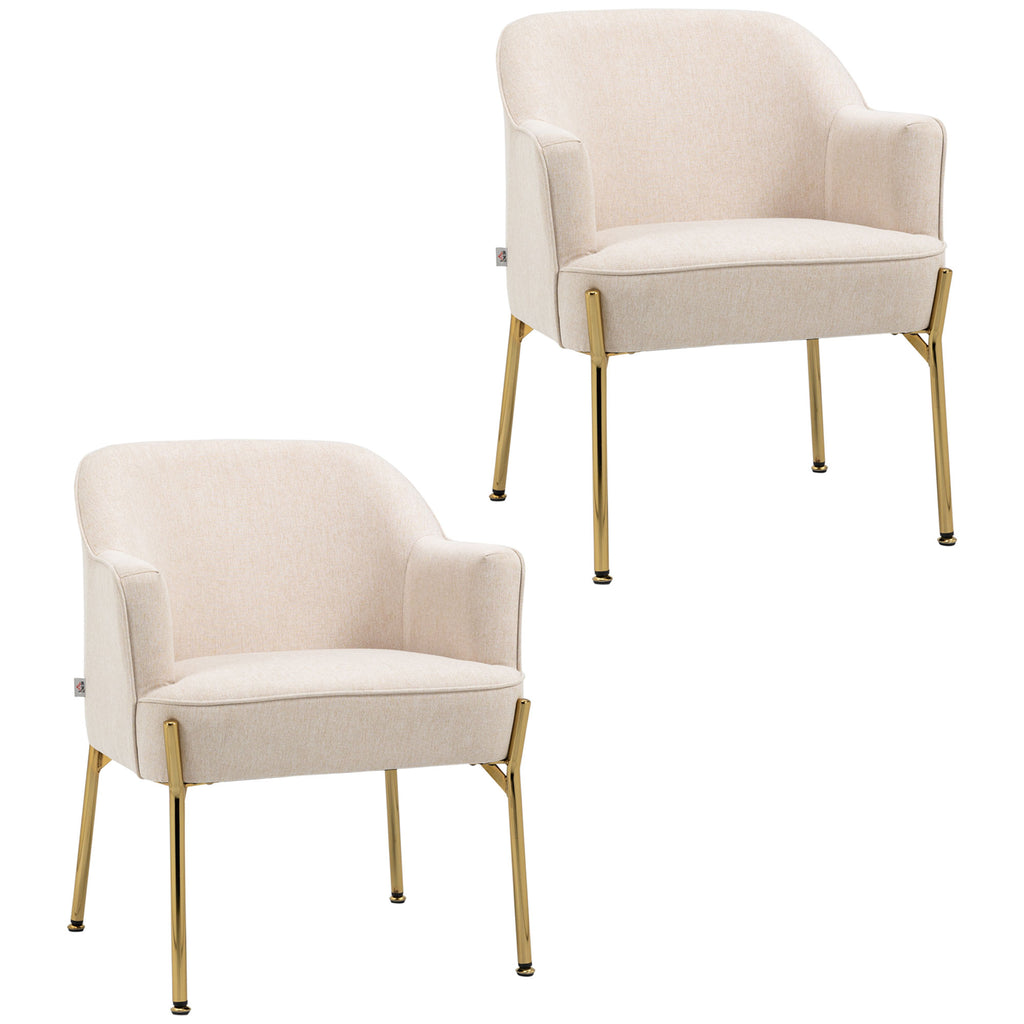 HOMCOM Accent Chair, Living Room Armchair, Vanity Chair with Gold Plating Metal Legs and Soft Padded Seat for Bedroom and Café, Set of 2, White