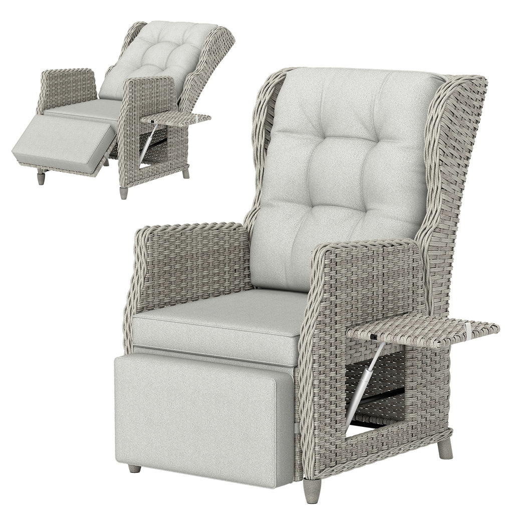 Outsunny Rattan Garden Recliner Chair, Reclining Garden Chair with Adjustable Back and Footrest, Flip Table, Cushion, Light Grey
