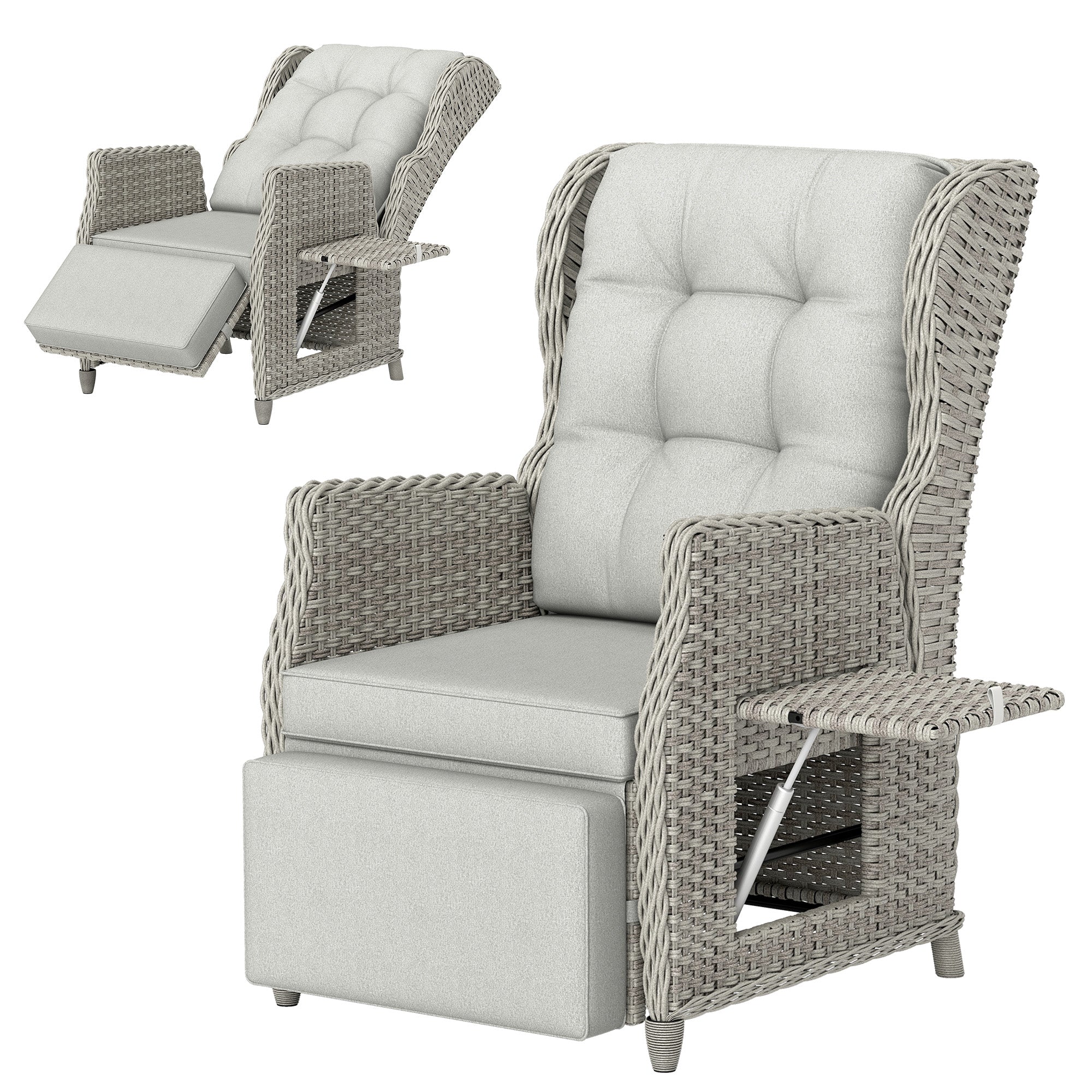 Outsunny Rattan Garden Recliner Chair, Reclining Garden Chair with Adjustable Back and Footrest, Flip Table, Cushion, Light Grey