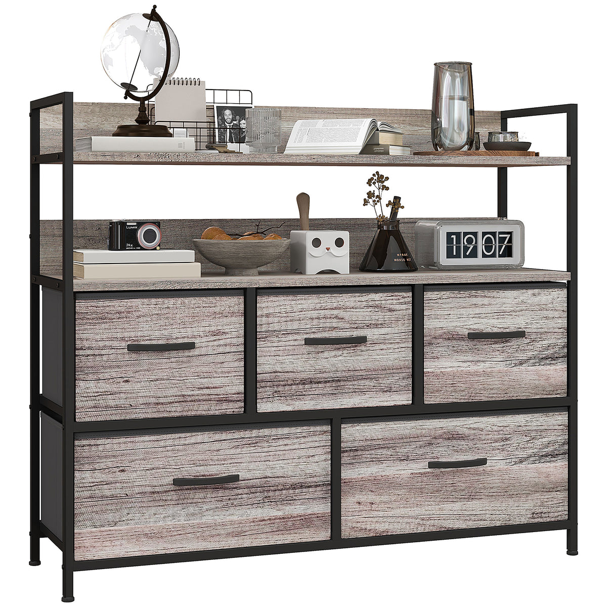 Rustic Chest of Five Fabric Drawers - Grey Wood Effect