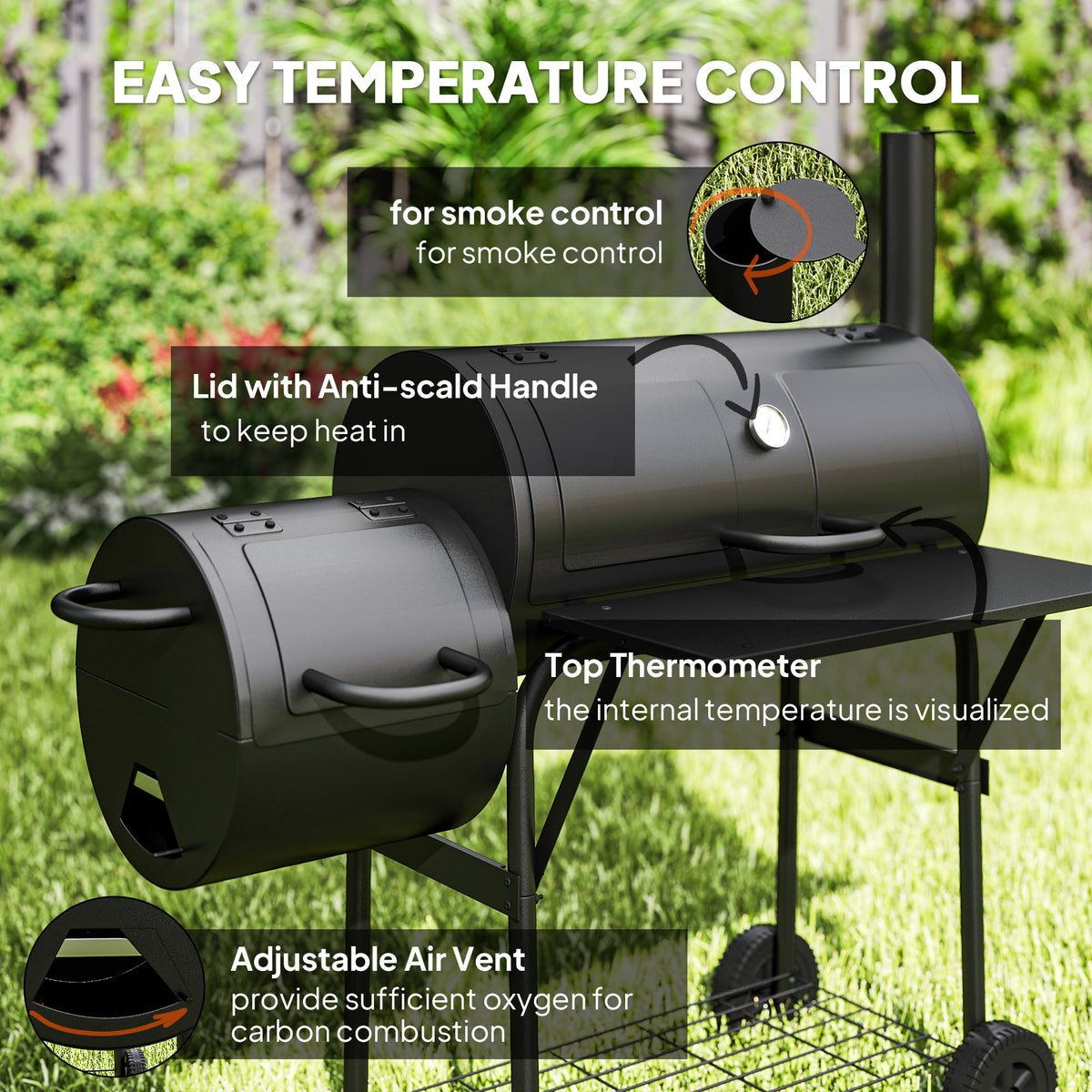 Outsunny Barbecue Grill Portable Outdoor Charcoal BBQ Grill with Offset Smoker 109 x 60 x 120 cm Black