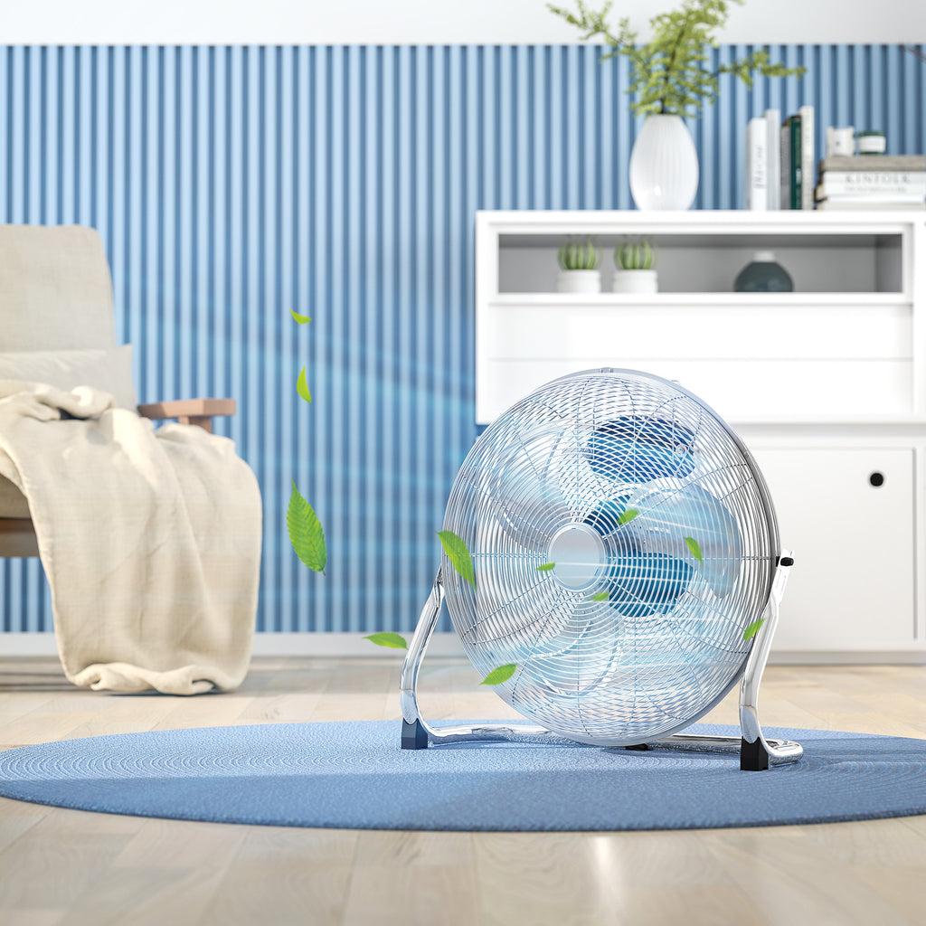 18" Chrome Metal Floor Fan with Tilting, High Velocity, 3 Speed, Portable Gym Fan for Home Office, Silver