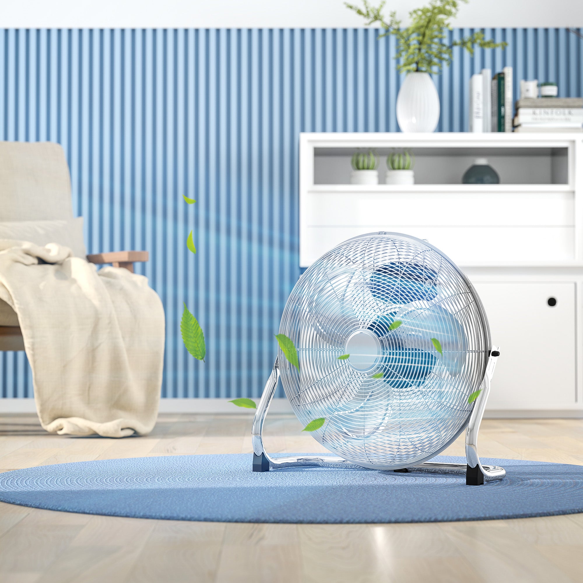 18" Chrome Metal Floor Fan with Tilting, High Velocity, 3 Speed, Portable Gym Fan for Home Office, Silver
