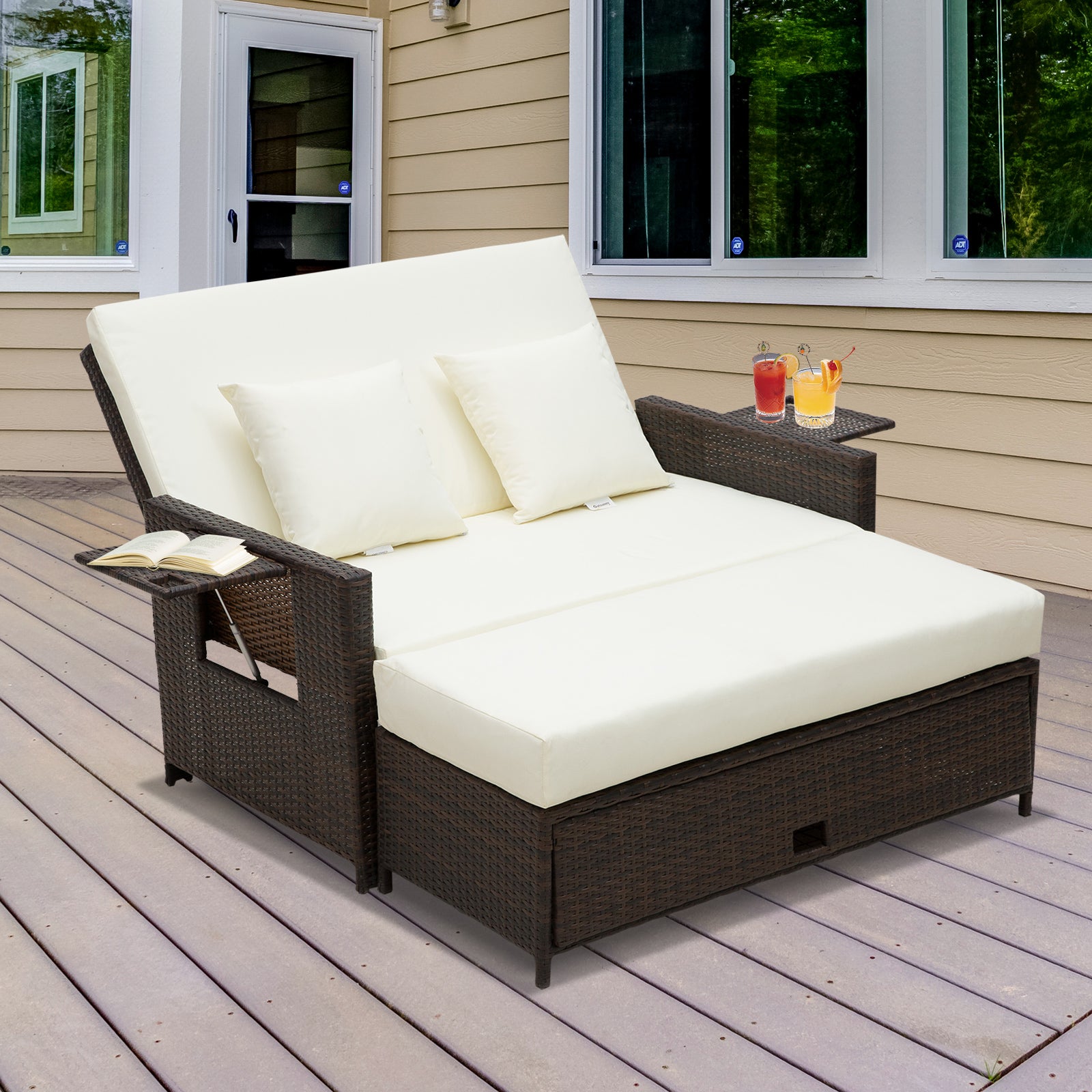 Outsunny Rattan Sun Lounger 2 Seater Day Bed with Cushions, Brown