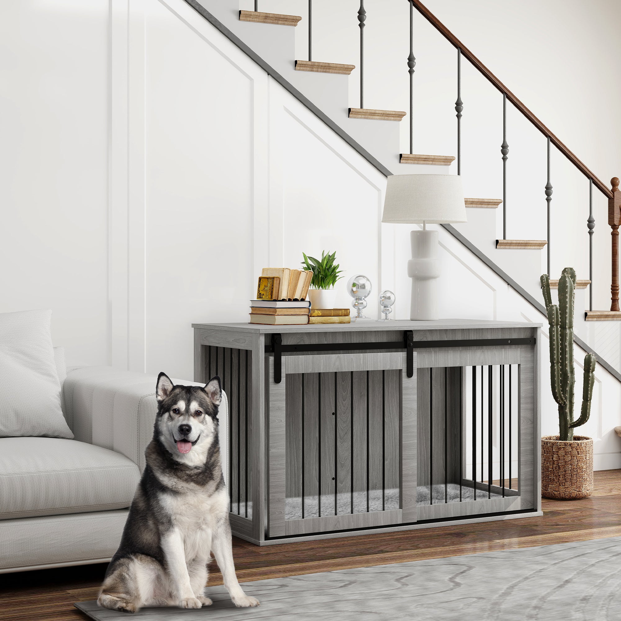 PawHut 46.46'' Dog Crate Furniture with Removable Cushion & Security Latch for Extra Large Dogs - Grey