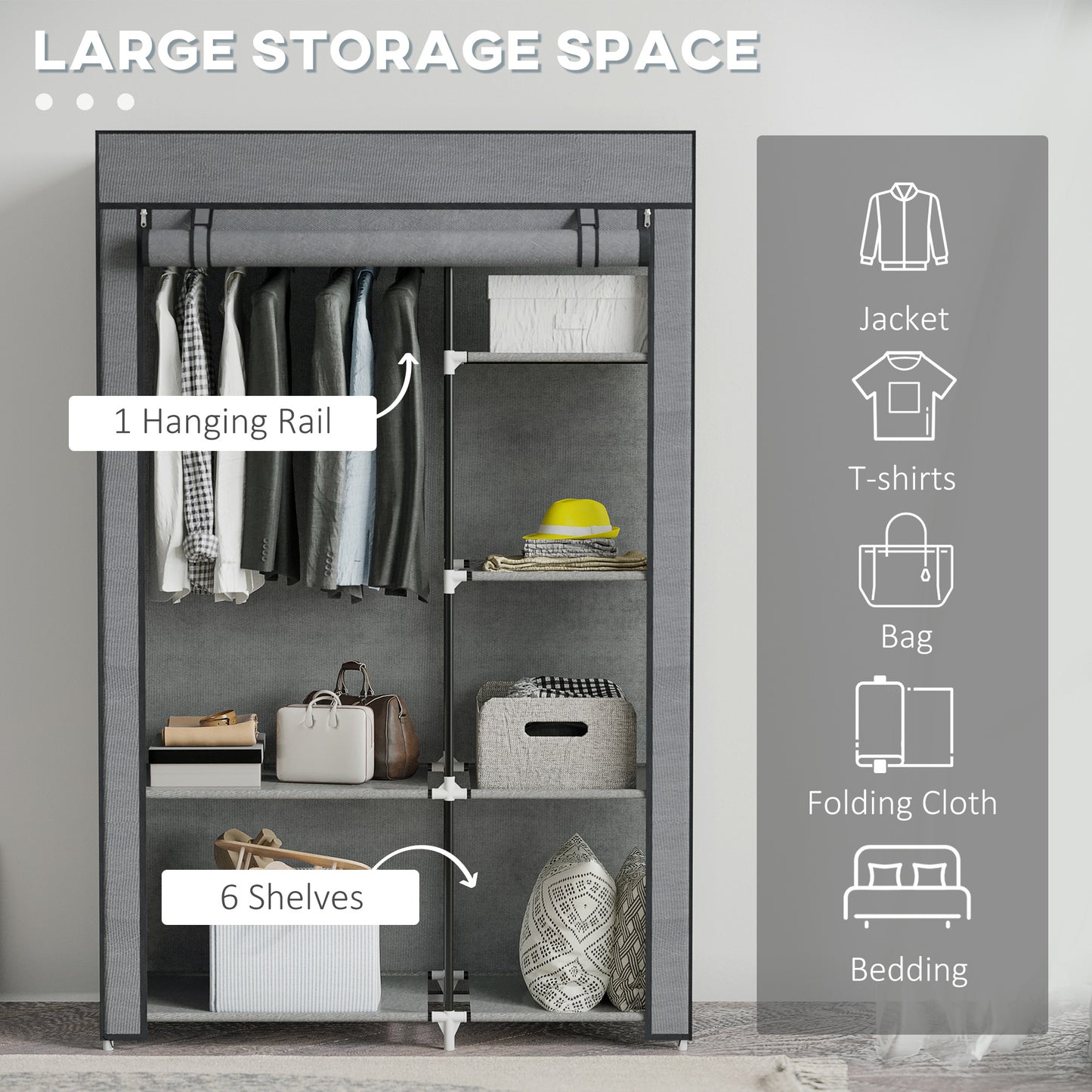 Fabric Wardrobe w/ Shelves Hanging Rail Foldable Wardrobe Dark Grey