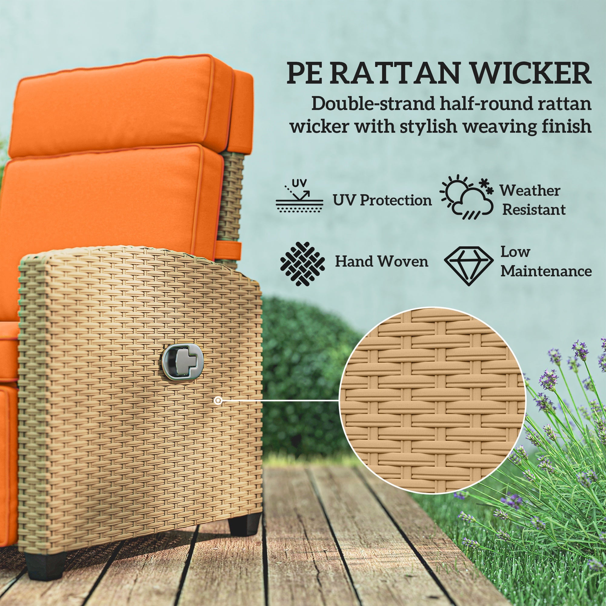 Outsunny 145° Reclining Rattan Armchair, with Footrest - Khaki/Orange