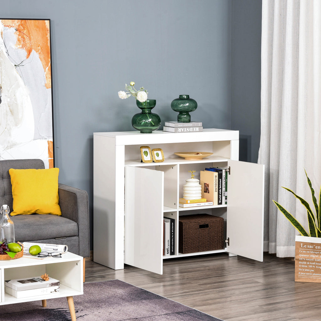 HOMCOM 2-Door Sideboard with LED Light, High Gloss Lighted Storage Cabinet with Shelves and Open Compartment, Modern Kitchen Sideboard for Dining Room, Living Room, 107 x 35 x 97cm, White