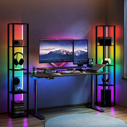 RGB LED Floor Lamp with Shelves, Modern Dimmable Standing Lamp with Remote Control, Adjustable Brightness & Speed for Living Room, Bedroom, Office, Black