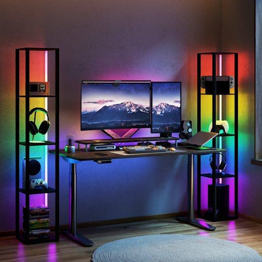 RGB LED Floor Lamp with Shelves, Modern Dimmable Standing Lamp with Remote Control, Adjustable Brightness & Speed for Living Room, Bedroom, Office, Black