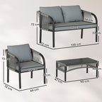 Outsunny 4 Piece Rattan Garden Furniture Set with Loveseat, Armchairs, Table, Steel Frame Wicker Patio Conversation Set, Grey