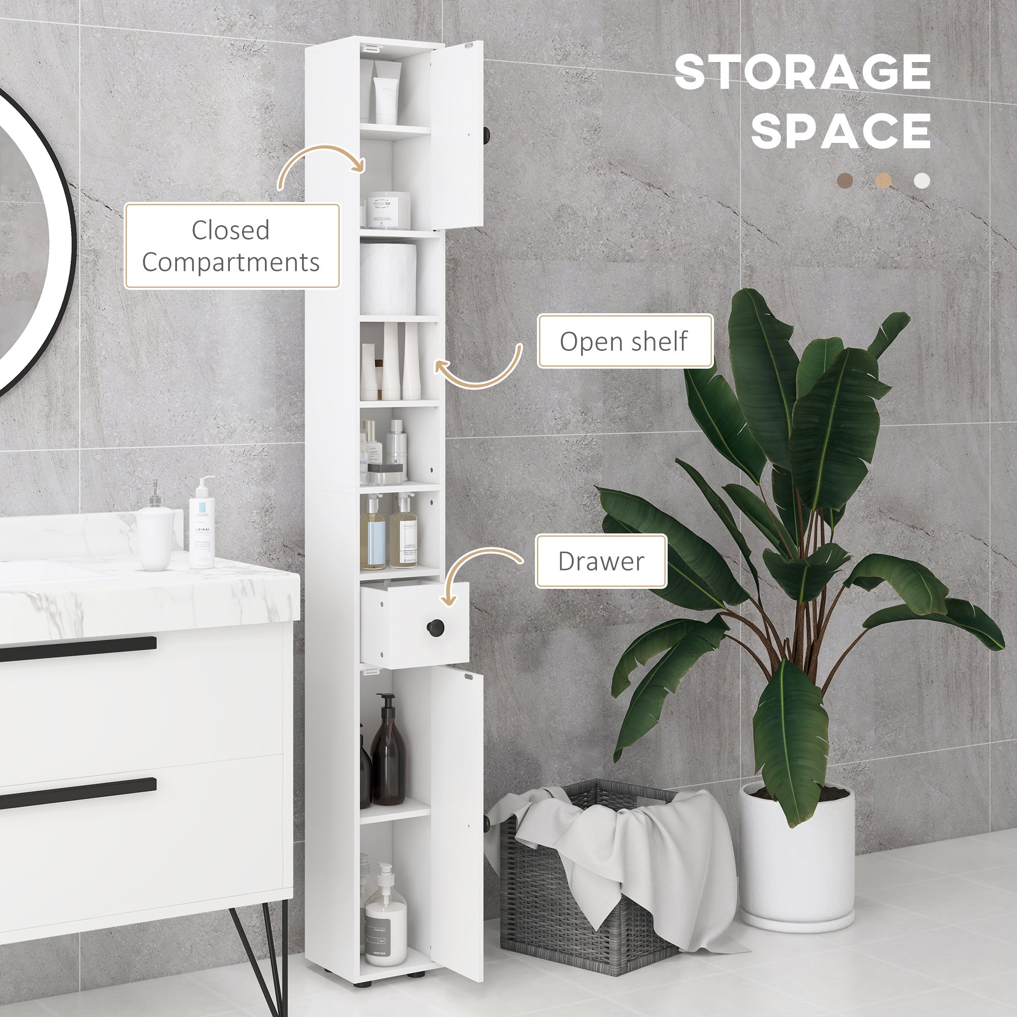 kleankin 180cm Slim Bathroom Cabinet with 9-layered Independent Storage for Family-friendly Storage  - White