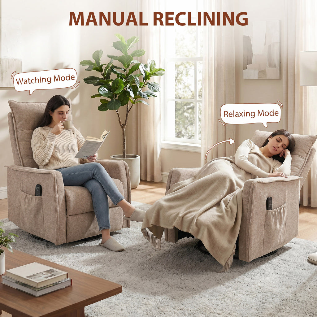 HOMCOM Recliner Armchair, Chenille Recliner Chair with Massage and Heat, 360° Swivel Rocking Manual Recliner, Brown
