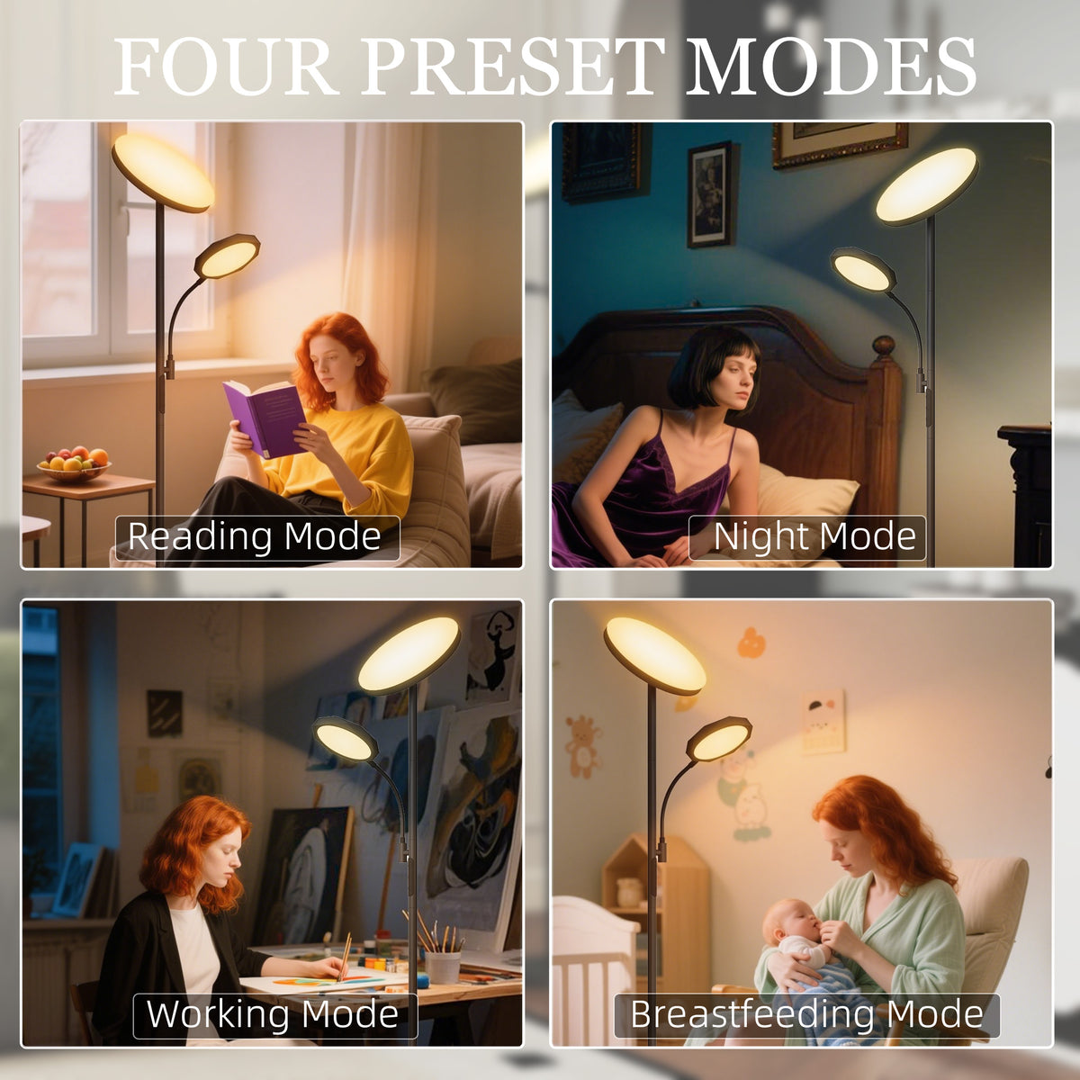 LED Floor Lamp for Living Room, Stepless Dimmable Standing Lamp, Mother and Child Uplighter with Reading Light, 4 Scene Modes, 2700K-6500K Colour Temps, 4 Brightness Levels, Remote Control
