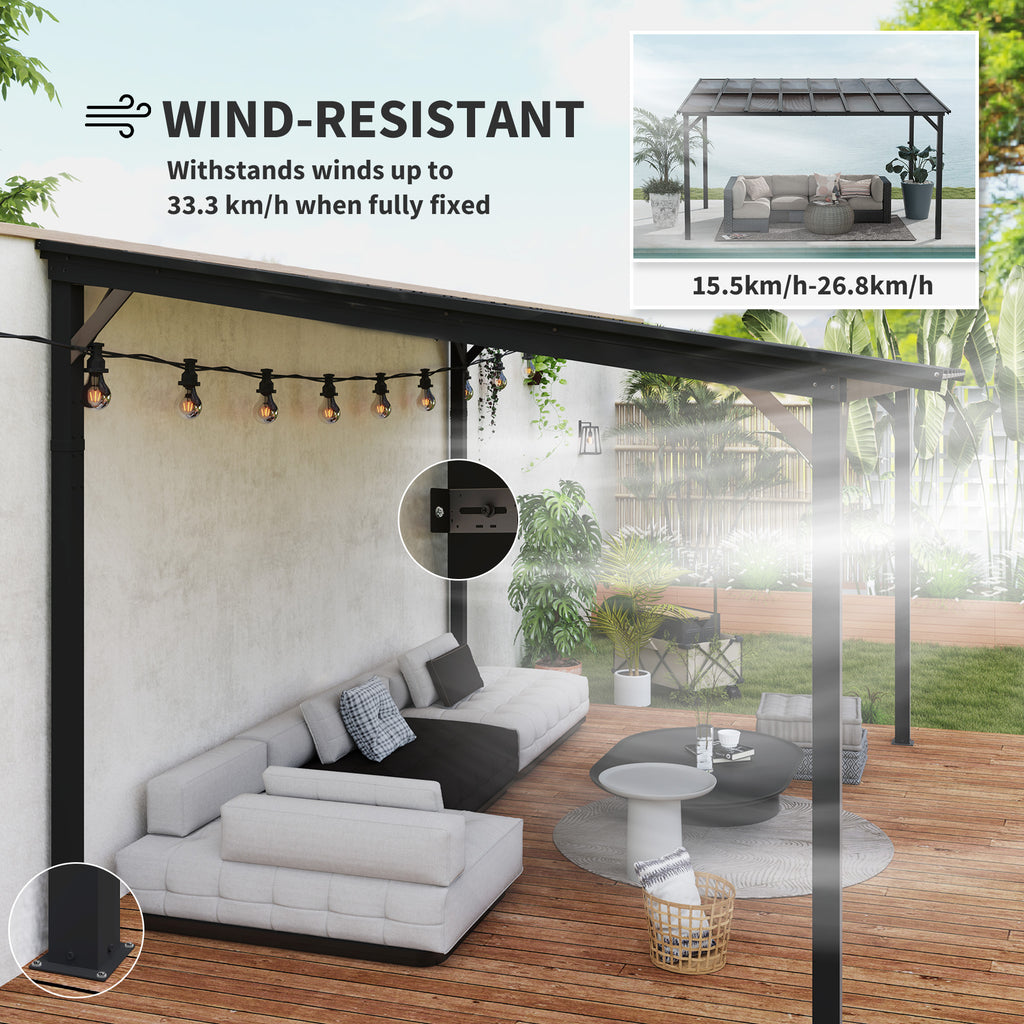 Outsunny 3 x 4.3 m Lean to Pergola with UPF 50+ Waterproof Polycarbonate Roof, Wall-Mounted or Free Standing Hardtop Roof Garden Metal Pergola Gazebo, Heavy Duty Outdoor Sun Shade, Dark Grey