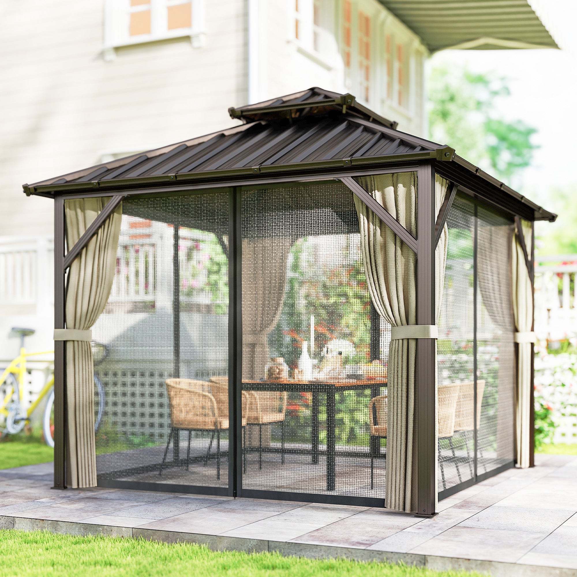 Outsunny 3x3 m Hardtop Gazebo Canopy with UPF50+ Double Galvanised Steel Roof, Aluminium Garden Gazebo Permanent Pavilion, Brown