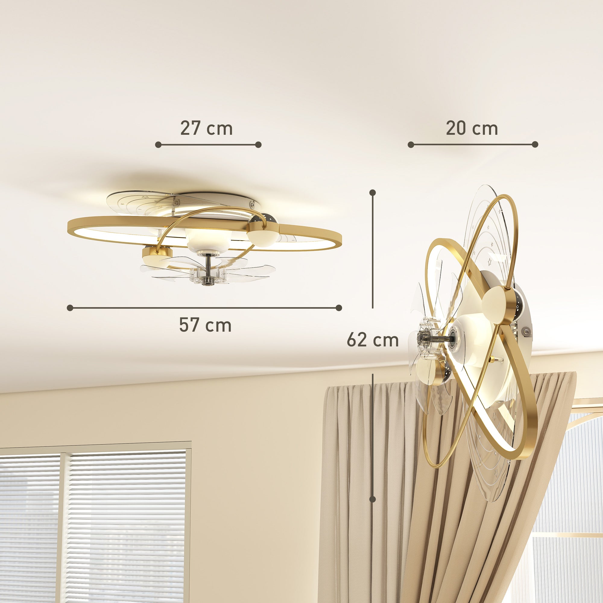 Ceiling Fan with Light and Remote, 3 Colour Temperatures, LED Mount Ceiling Fan Light for Bedroom, Gold Tone