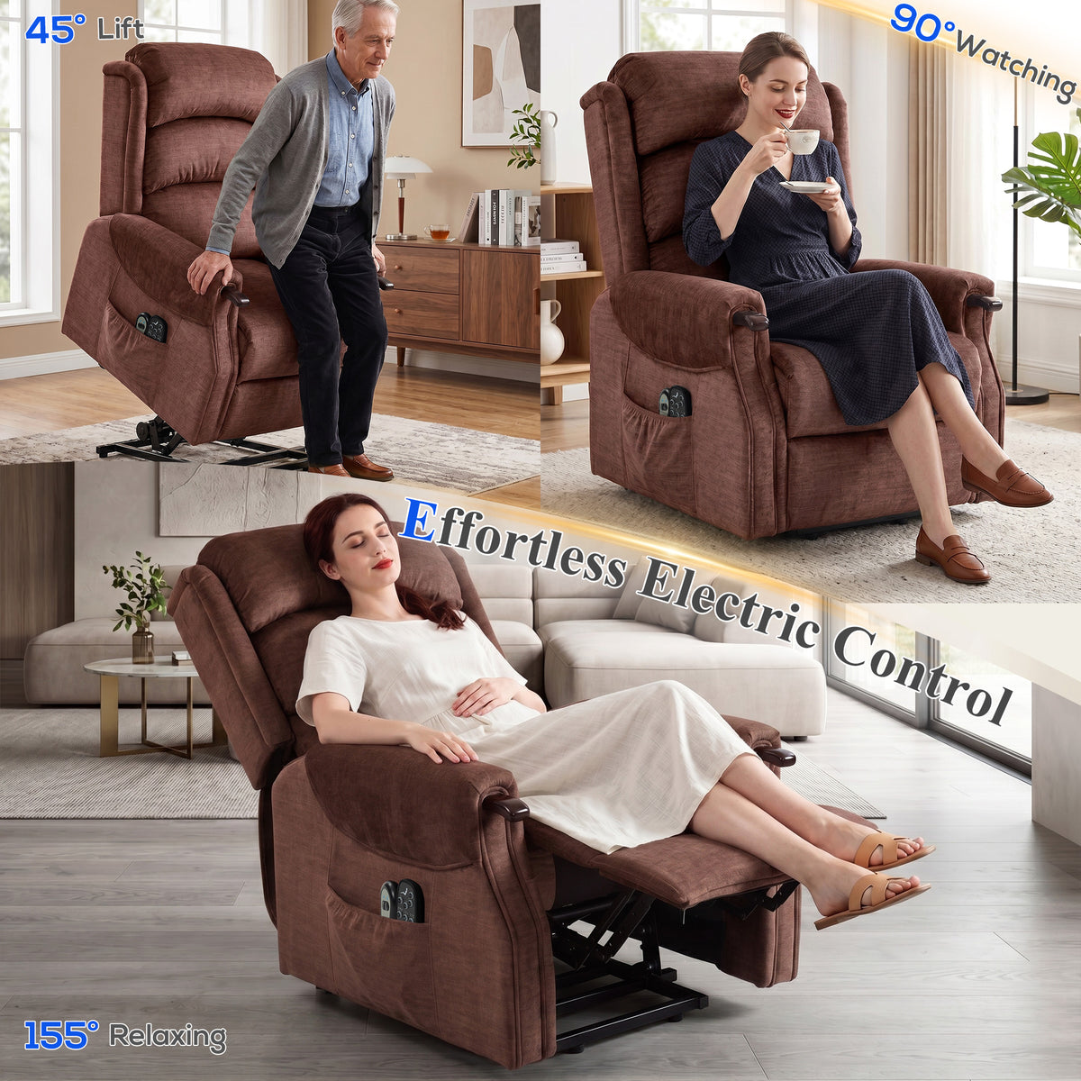 Power Lift Recliner with Vibration Massage and Heat, Lift Chair for Tall with Wood Grip, Pocket Spring, Brown