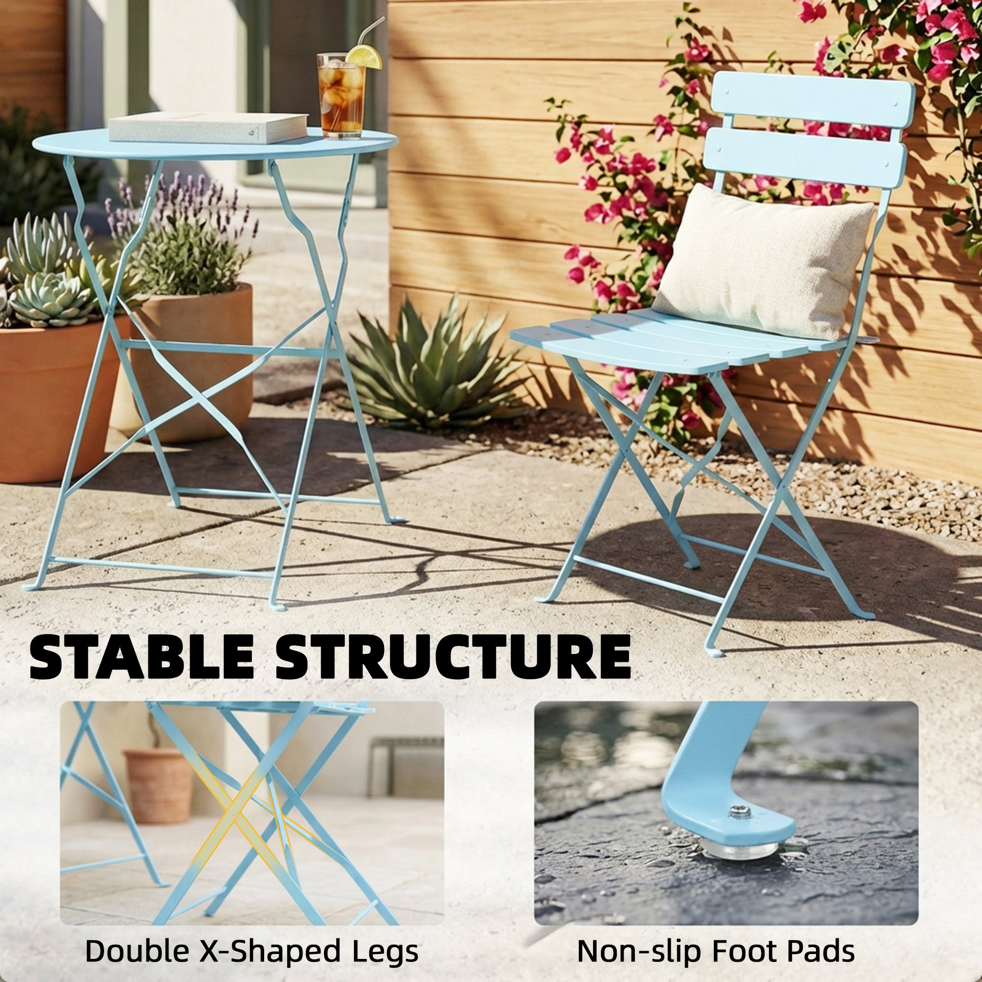 Outsunny Folding Garden Bistro Set, Outdoor Round Bistro Table and Chairs Set 2 with Electrophoresis Metal Frame, Light Blue