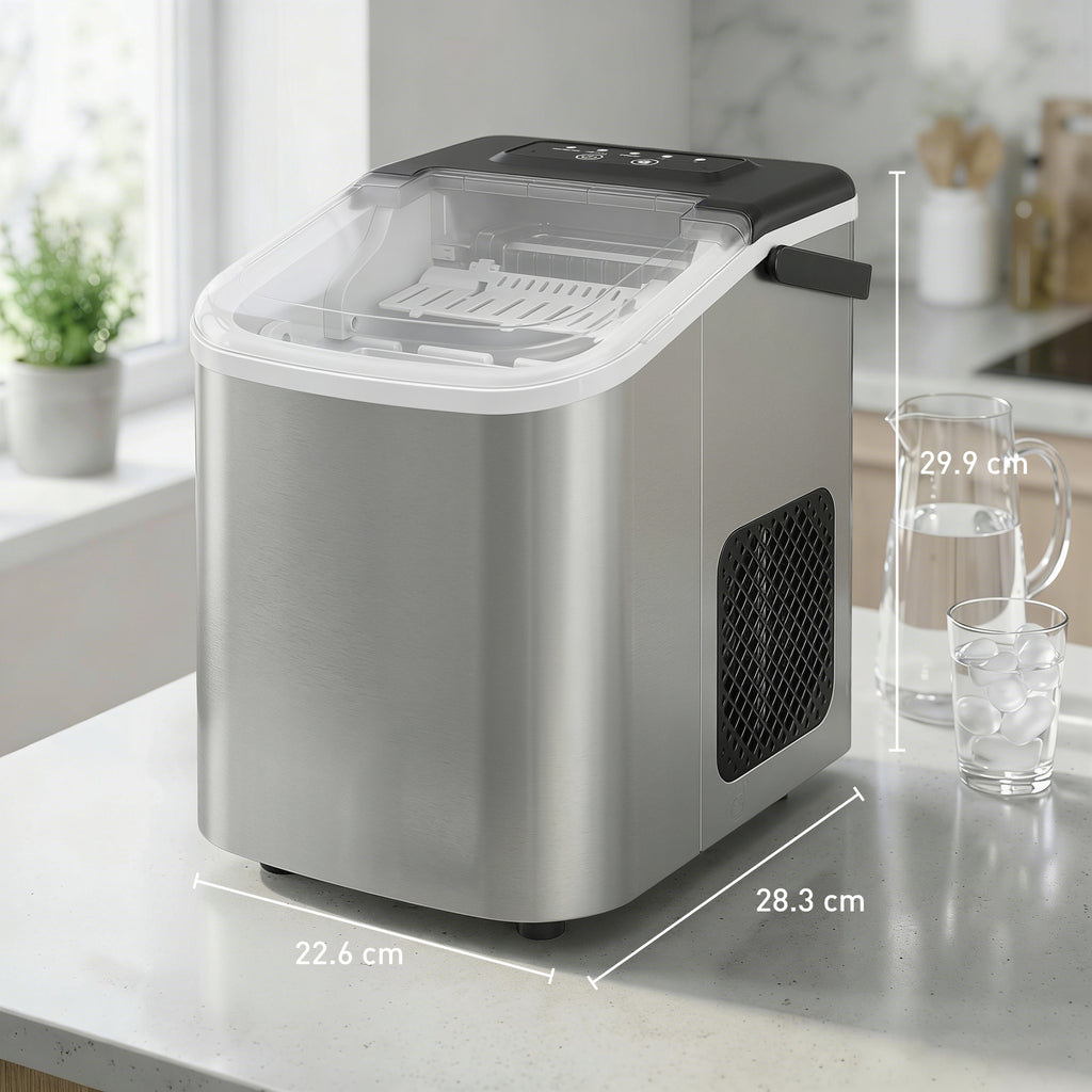 Ice Maker Machine Countertop, 9 Cubes Ready in 7 Mins, 12 KG in 24Hrs, 2 Sizes of Bullet, Self-Cleaning Ice Machine with Handle, Scoop & Basket for Home Kitchen Office RV, Stainless Steel