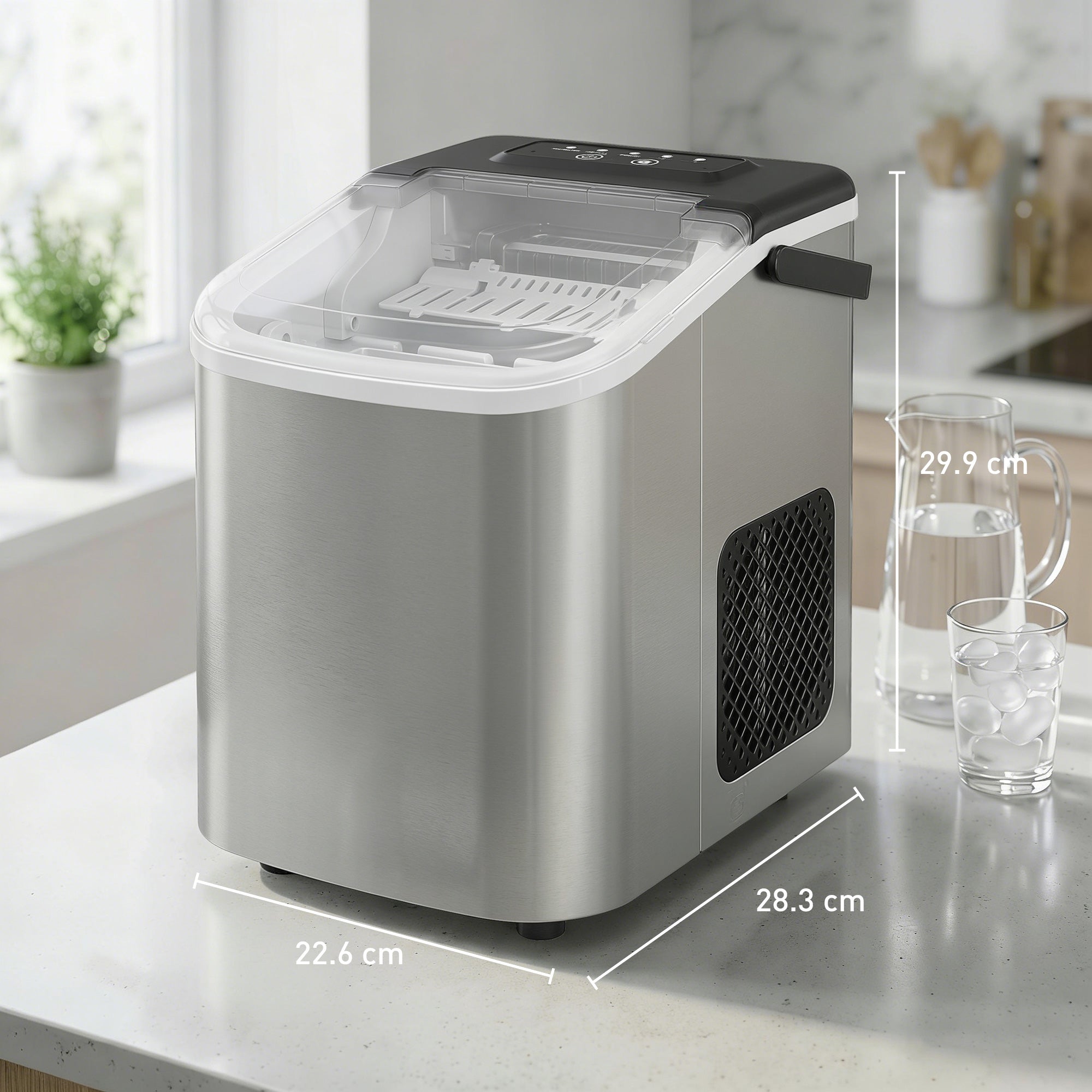 Ice Maker Machine Countertop, 9 Cubes Ready in 7 Mins, 12 KG in 24Hrs, 2 Sizes of Bullet, Self-Cleaning Ice Machine with Handle, Scoop & Basket for Home Kitchen Office RV, Stainless Steel
