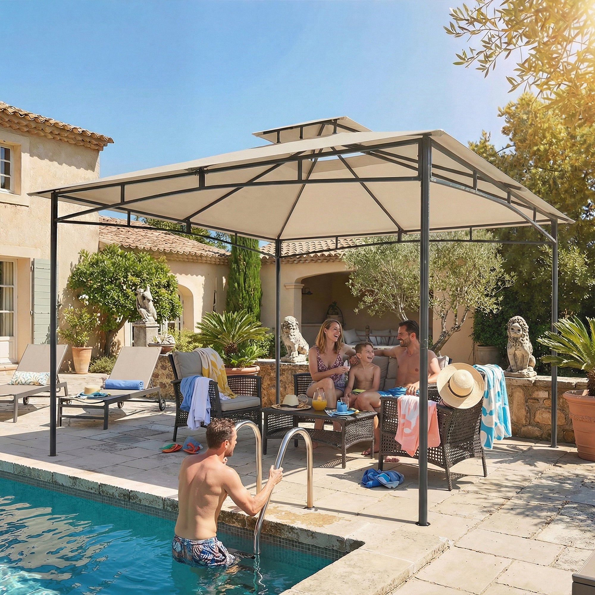 Outsunny 3 x 3 m Gazebo, Garden Gazebo with 2-Tier Roof, Metal Frame, Khaki