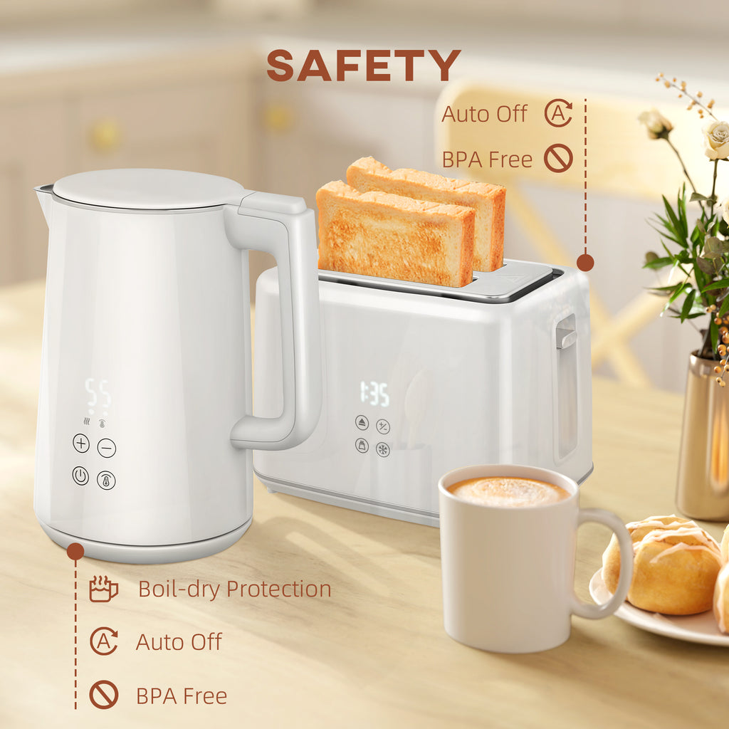 Polished Stainless Steel Kettle and Toaster Set - White
