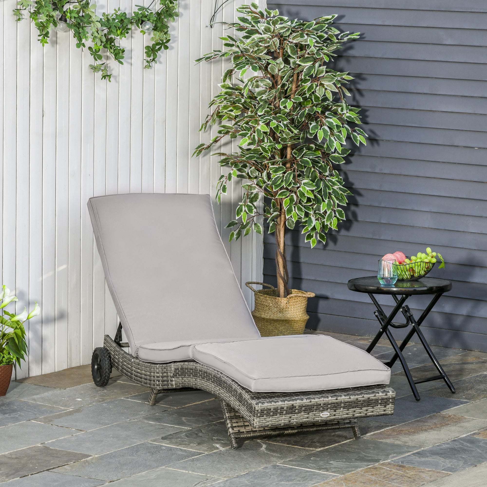 Outsunny Patio Wicker Chaise Lounge Chair, Outdoor PE Rattan Sun Lounger with Adjustable Backrest and 2 Wheels, Grey