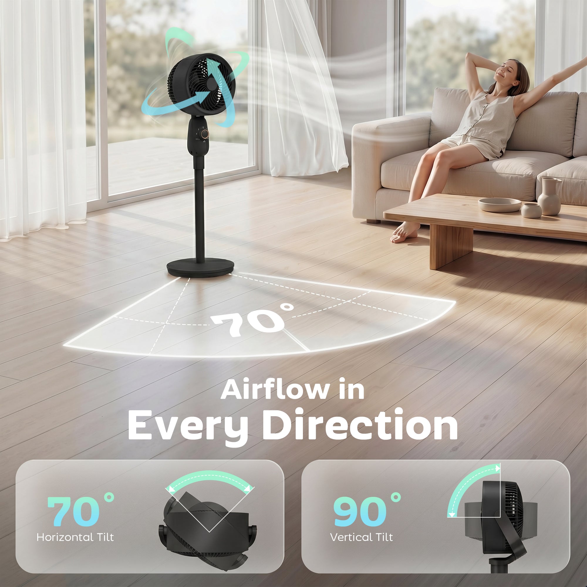 Pedestal Fan, Powerful Air Circulator, 36 Inch Floor Standing Fan with 3 Speed Settings, 70° Oscillating for Bedroom, Home and Office, Black