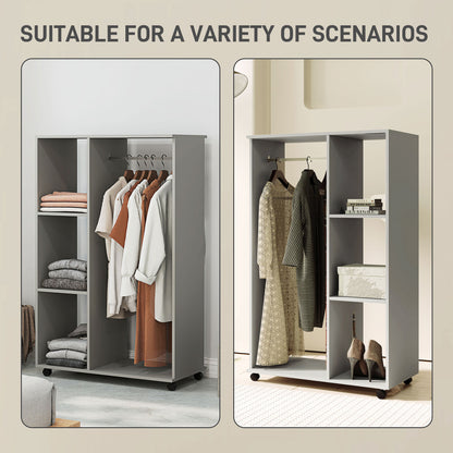 Open Wardrobe on Wheels, Bedroom Wardrobe with Clothes Hanging Rail, 3 Storage Shelves, Mobile Garment Rack for Cloakroom, Hallway, Grey