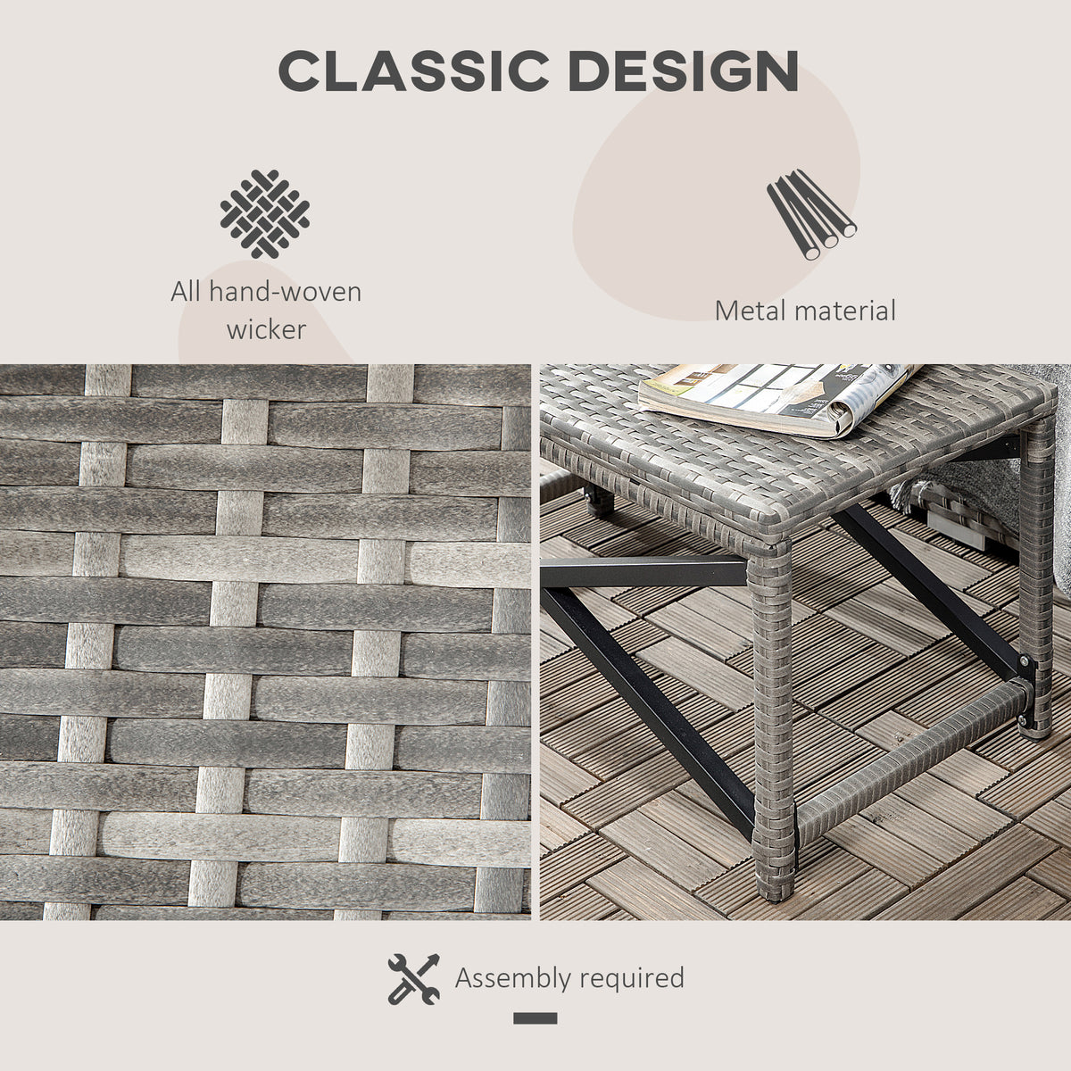 Outsunny Outdoor Coffee Table, Garden PE Rattan Side Table with Plastic Board Under the Full Woven Table Top and X-Shaped Frame for Patio, Balcony, Mixed Grey