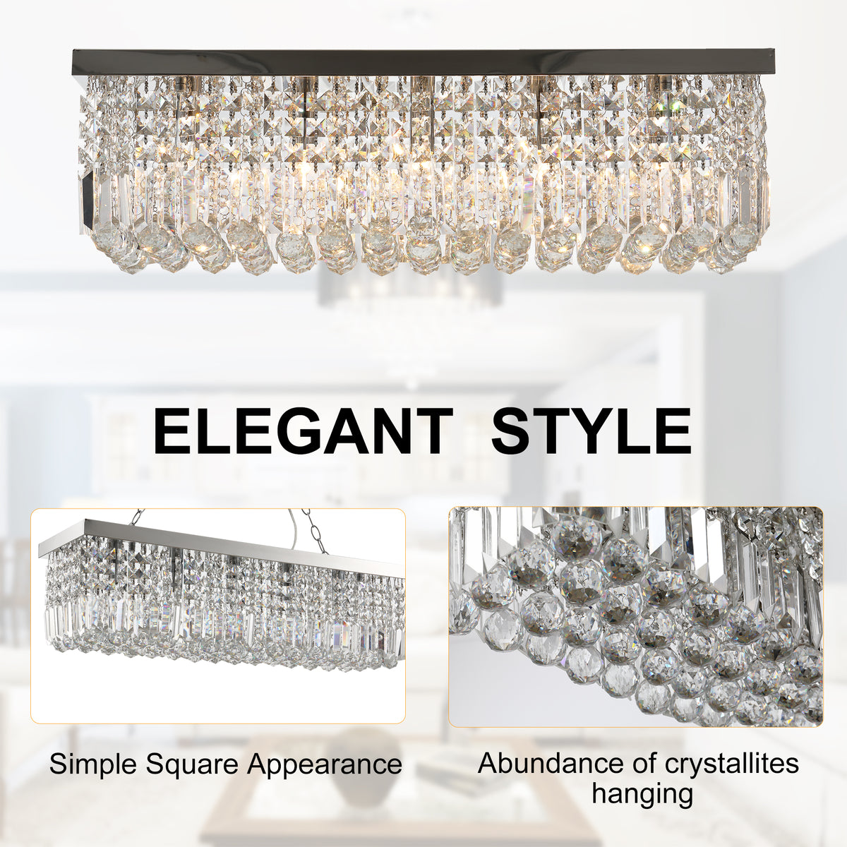 Modern Crystal Ceiling Light Square Crystal Chandelier for Living Room, Dining Room, Hall, 5 x E14 Lamp Holders, Silver, 80 x 25 x 23cm