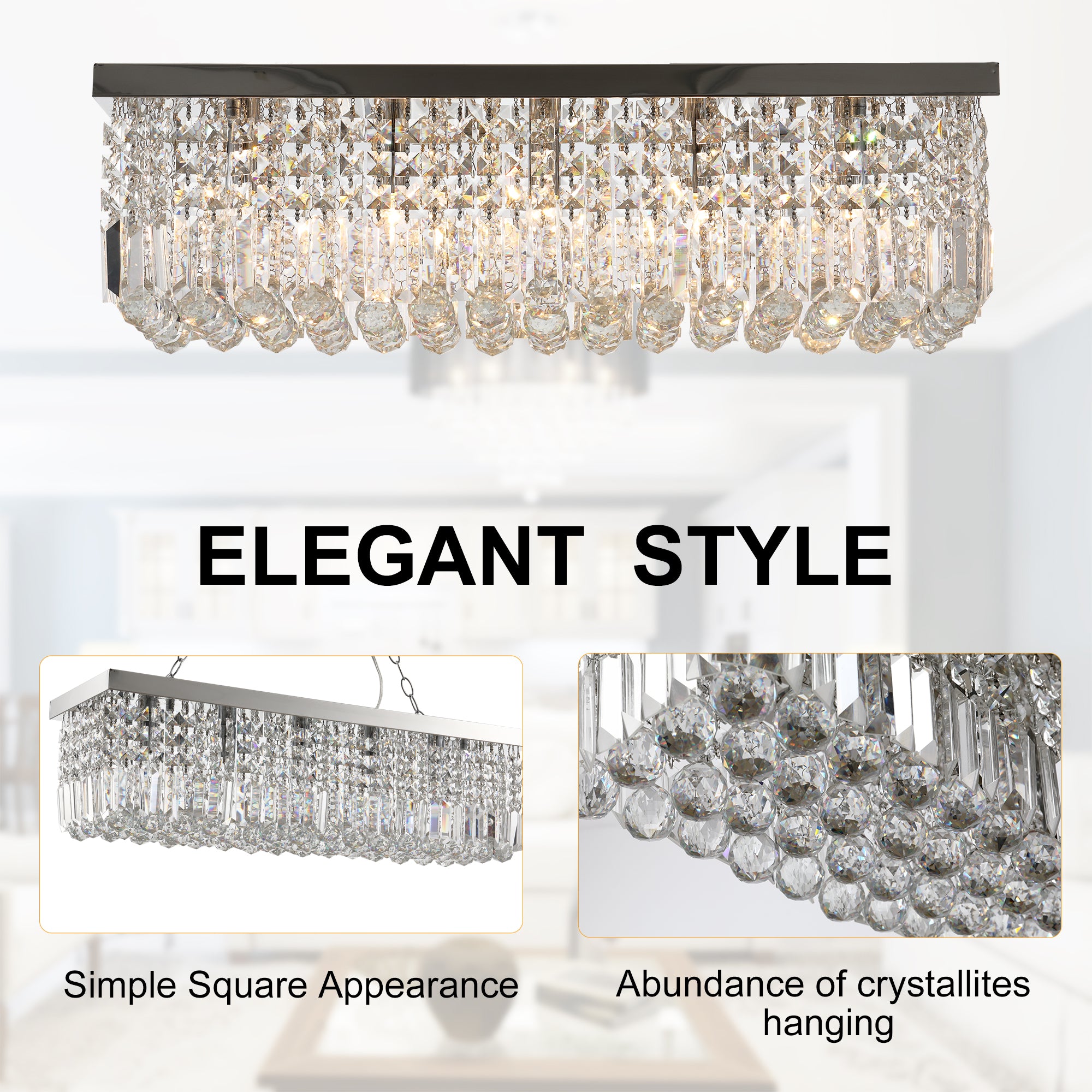 Modern Crystal Ceiling Light Square Crystal Chandelier for Living Room, Dining Room, Hall, 5 x E14 Lamp Holders, Silver, 80 x 25 x 23cm