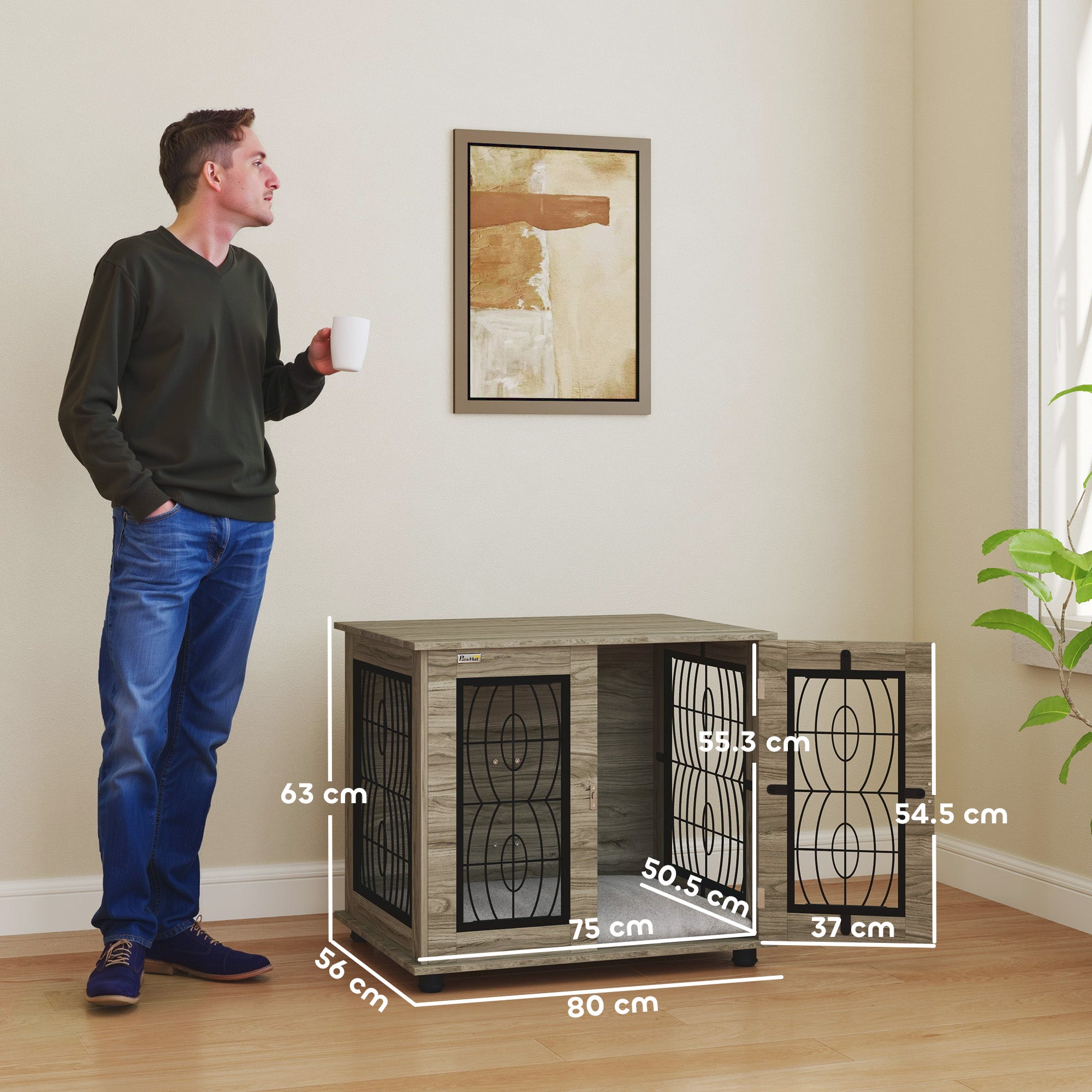 PawHut Indoor Dog Crate Furniture End Table with Soft Washable Cushion, Lockable Front Door, for Medium Dogs - Black