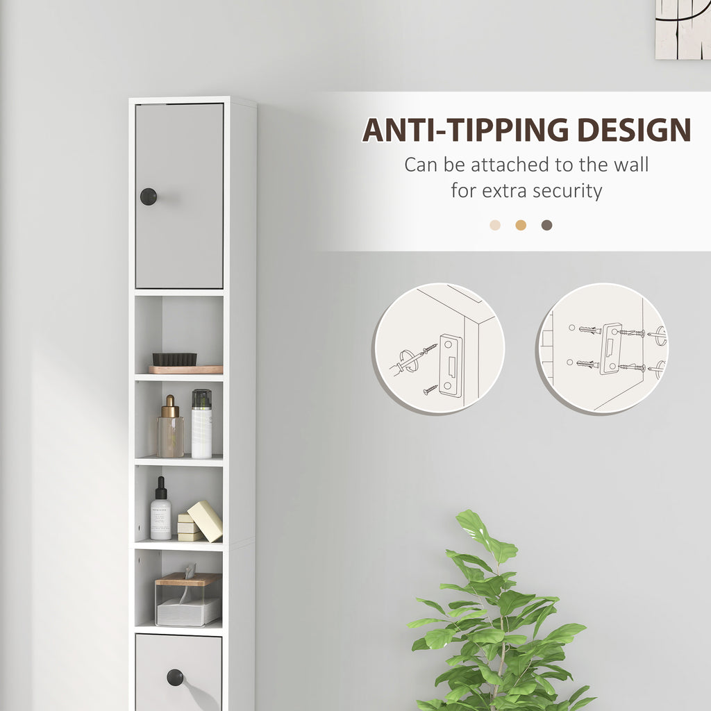 kleankin 180cm Slim Bathroom Cabinet, with Drawer, Shelves and Cupboards - Light Grey