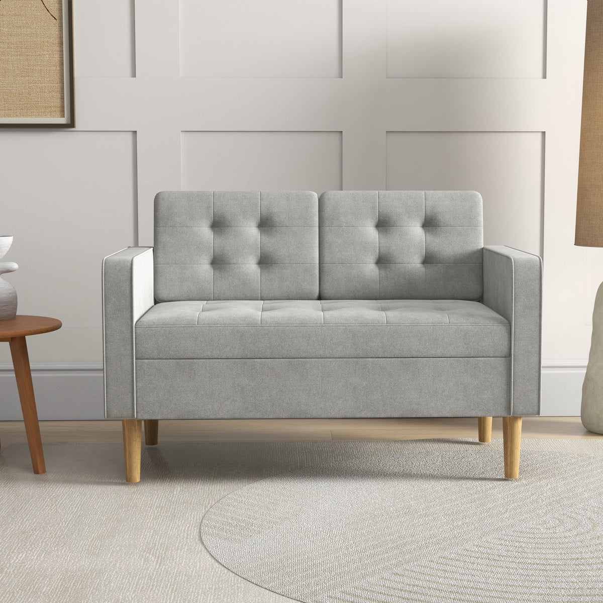 2 Seater Storage Sofa, Fabric Couch with Hidden Under Seat Storage, Thick Cushions, Compact Space Saving Settee with Rubberwood Legs for Living Room, Apartment, Light Grey