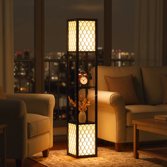 Floor Lamp with Shelves, Modern Tall Standing Lamps with Fabric Lampshade, Chain Switch and Dual Light for Living Room, Bedroom, Bulb not Included, Black