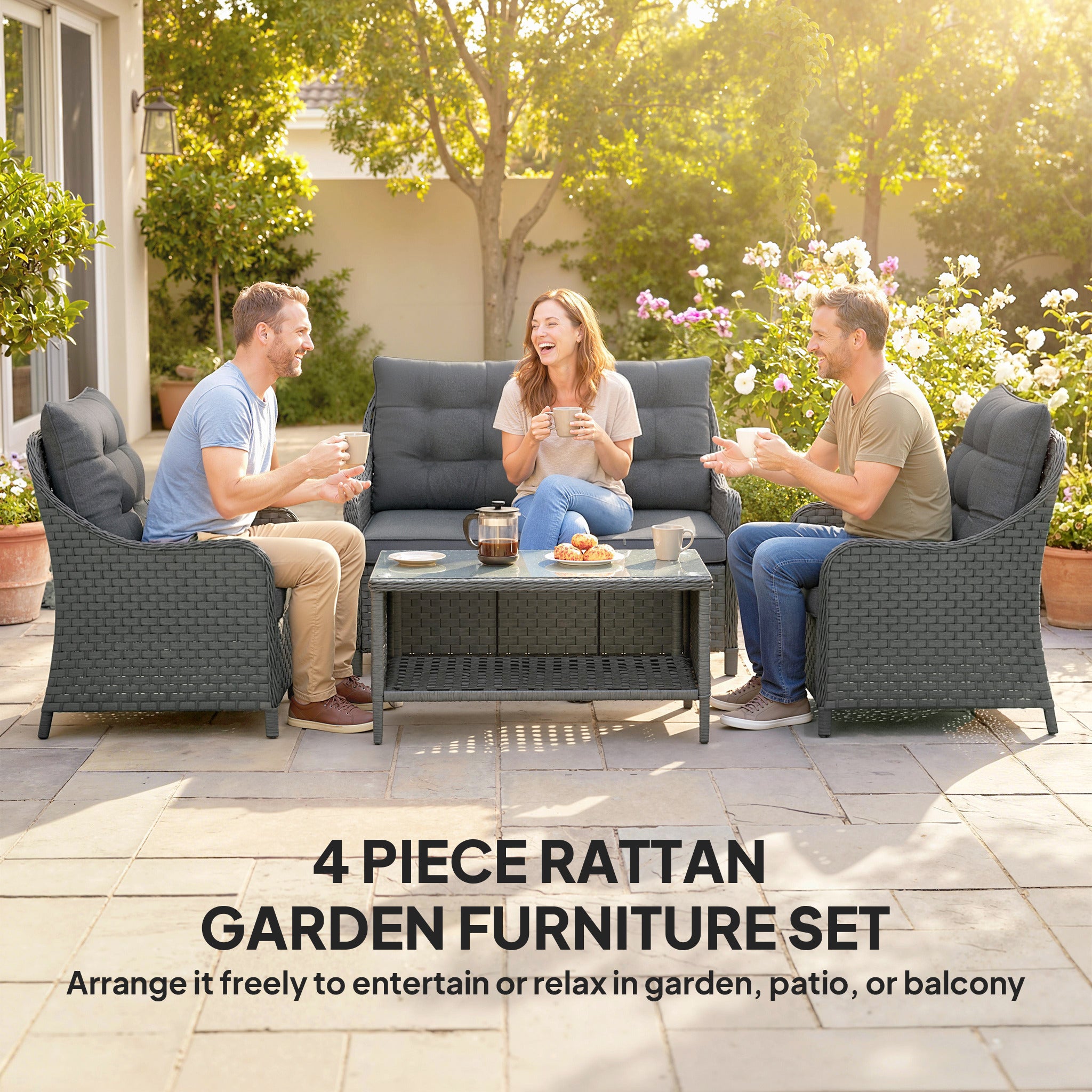 Outsunny 4-Piece Wicker Patio Furniture Set with 2 Armchairs, Loveseat, Glass Coffee Table, Conversation Sofa Set, Dark Grey