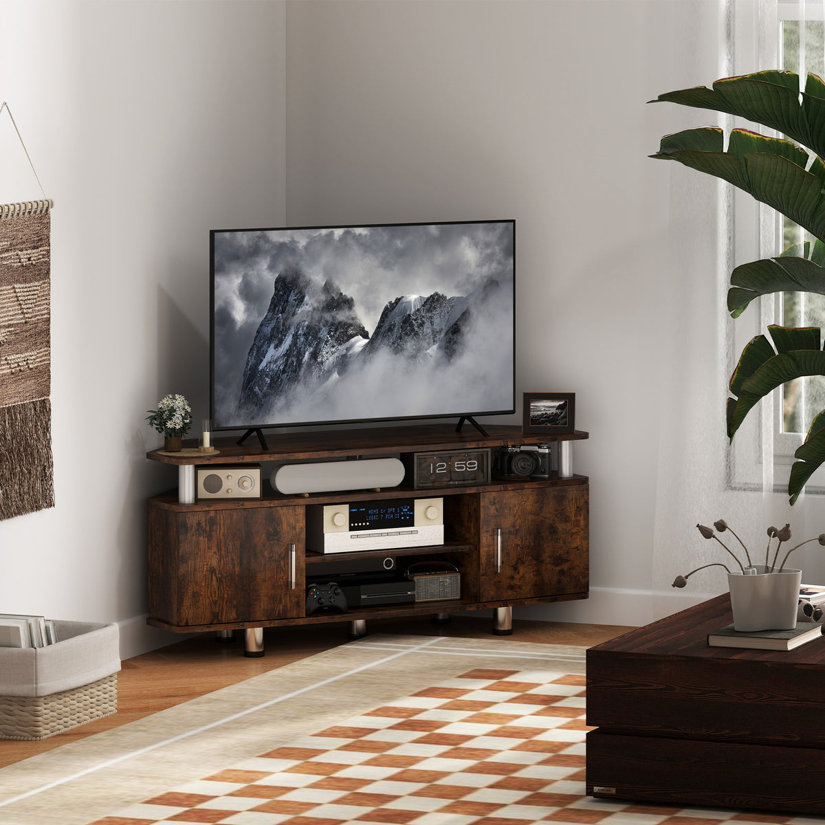 TV Unit Cabinet for TVs up to 55 Inches with Storage Shelves and Cupboard, Entertainment Centre for Living Room, Rustic Brown